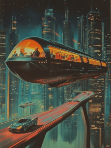 Futuristic Cityscape with Neon Skylines Featuring High Speed Monorail and Flying Cars on Elevated Track amidst Towering Skyscrapers at Night Synthwave Retrofuturism Retro Poster 18 x 24 Inch MineeForm Wall Art Poster