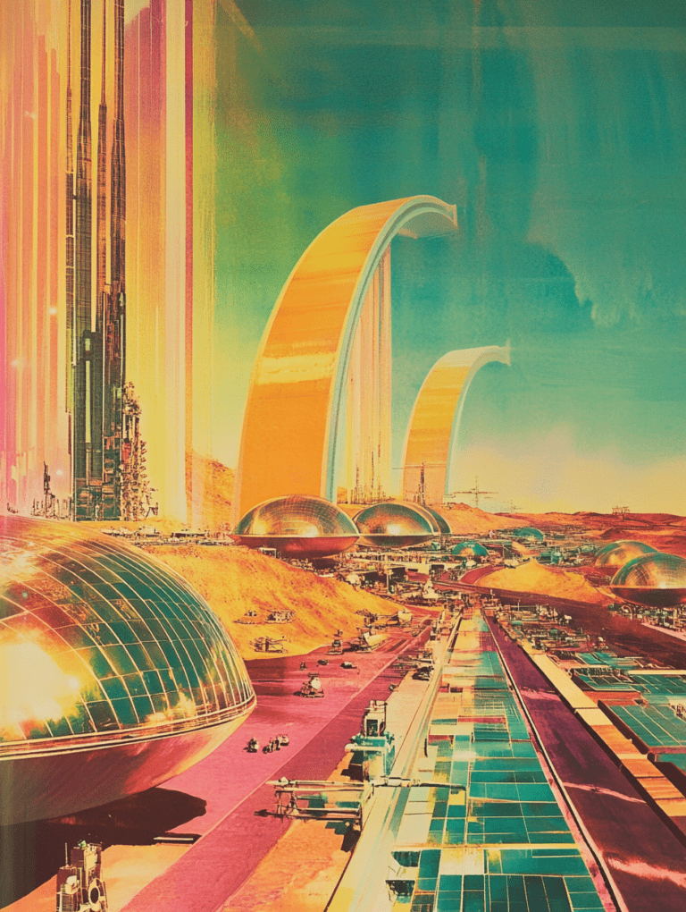 Futuristic Landscape with Golden Arches and Dome Structures Under a Vibrant Sky Synthwave Retrofuturism Retro Poster 18 x 24 Inch MineeForm Wall Art Poster