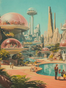 Futuristic Enclave with Enormous Transparent Domes and Towering Structures Overlooking a Tranquil Community with a Serene Pool and Lush Greenery Synthwave Retrofuturism Retro Poster 18 x 24 Inch MineeForm Wall Art Poster