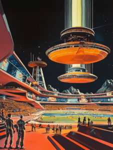 Futuristic Arena Under Alien Skies with Spectators Gathering Amidst Floating Structures and Distant Mountains Synthwave Retrofuturism Retro Poster 18 x 24 Inch MineeForm Wall Art Poster