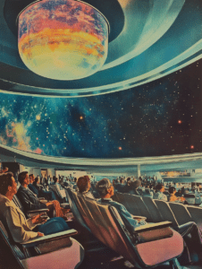 Futuristic Space-Themed Auditorium with Spectators Gazing at a Vivid Cosmic Display on a Ceiling-Sized Dome Screen Underneath a Vibrant Galaxy Light Installation Synthwave Retrofuturism Retro Poster 18 x 24 Inch MineeForm Wall Art Poster