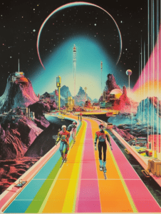 Skaters Glide Along a Vibrant Rainbow Pathway on an Extraterrestrial Landscape with Majestic Mountains and Futuristic Cityscape Under a Cosmic Sky with Stars and a Glowing Celestial Body Synthwave Retrofuturism Retro Poster 18 x 24 Inch MineeForm Wall Art Poster