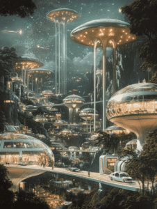 Futuristic Nightscape with Floating Illuminated Sheer Towers and Transparent Domes Amidst Lush Forested Mountains and Sleek Elevated Walkways Under a Starlit Sky with Streaking Meteor Trails Synthwave Retrofuturism Retro Poster 18 x 24 Inch MineeForm Wall Art Poster