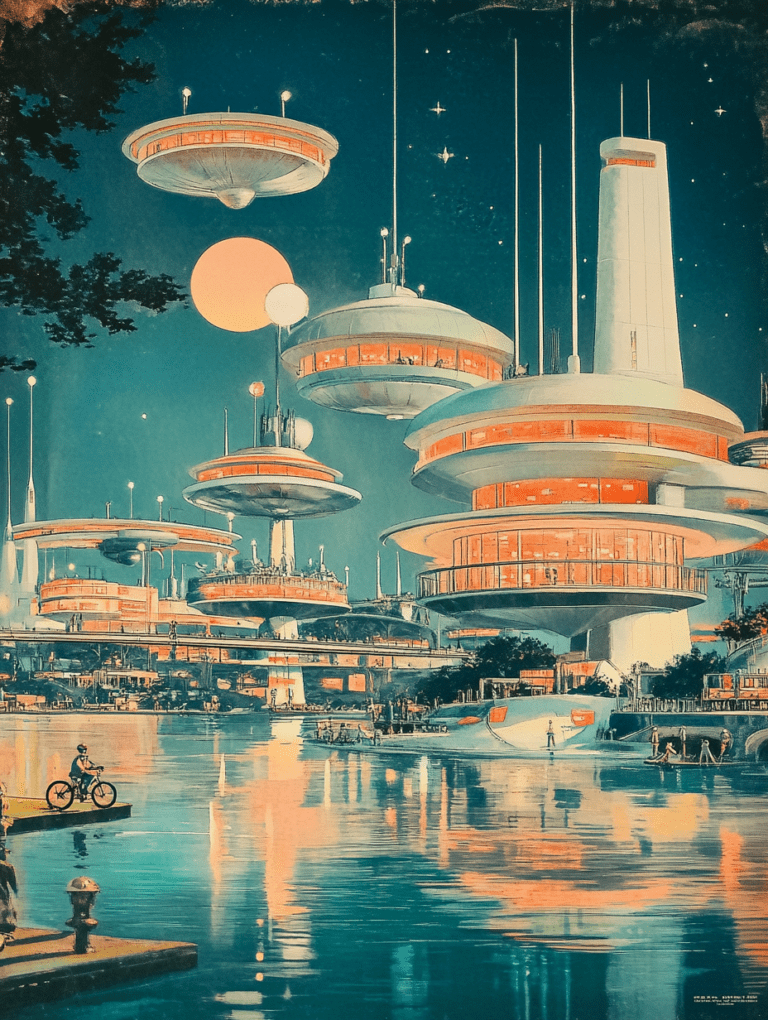 Floating Circular Structures Above a Tranquil River in a Futuristic Cityscape with Bright Geometric Architecture and a Starry Night Sky Synthwave Retrofuturism Retro Poster 18 x 24 Inch MineeForm Wall Art Poster