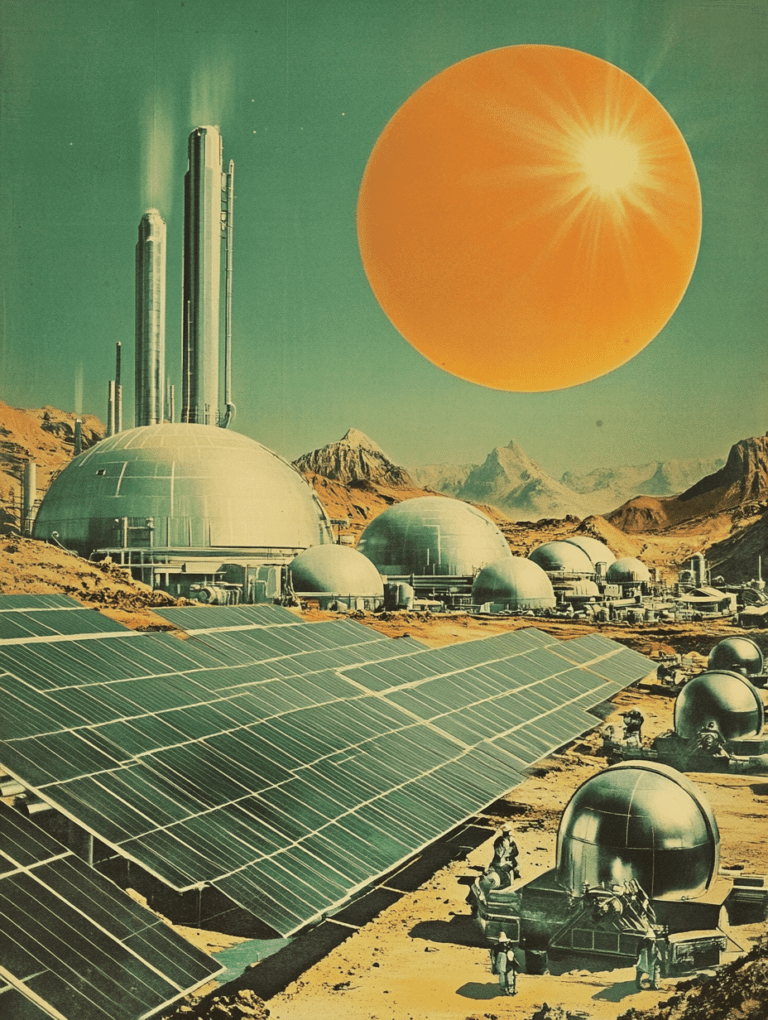 Futuristic Desert Colony with Large Solar Arrays and Domed Structures Beneath a Massive Orange Sun Synthwave Retrofuturism Retro Poster 18 x 24 Inch MineeForm Wall Art Poster