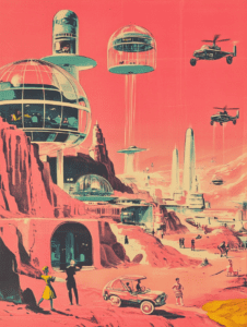 Futuristic Cityscape with Floating Spheres and Transport Amidst Vibrant Pink Sky and Red Rock Formations Synthwave Retrofuturism Retro Poster 18 x 24 Inch MineeForm Wall Art Poster