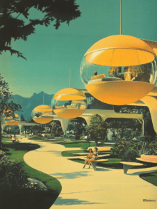 Futuristic Urban Oasis with Suspended Capsule Homes and Curving Pathways in a Sunlit Park Setting Synthwave Retrofuturism Retro Poster 18 x 24 Inch MineeForm Wall Art Poster