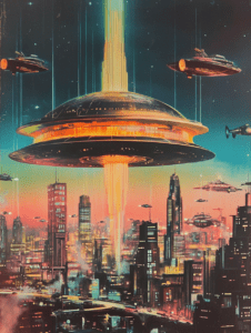 Futuristic Cityscape with Flying Saucer and Neon Lit Skyline Under Starry Night Sky Synthwave Retrofuturism Retro Poster 18 x 24 Inch MineeForm Wall Art Poster