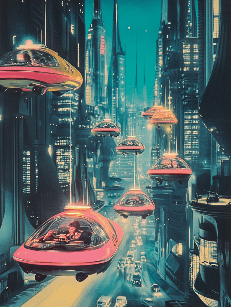 Futuristic Skyline with Hovering Vehicles Amidst Towering Neon Lit Skyscrapers in a Nighttime Megacity Scene Synthwave Retrofuturism Retro Poster 18 x 24 Inch MineeForm Wall Art Poster