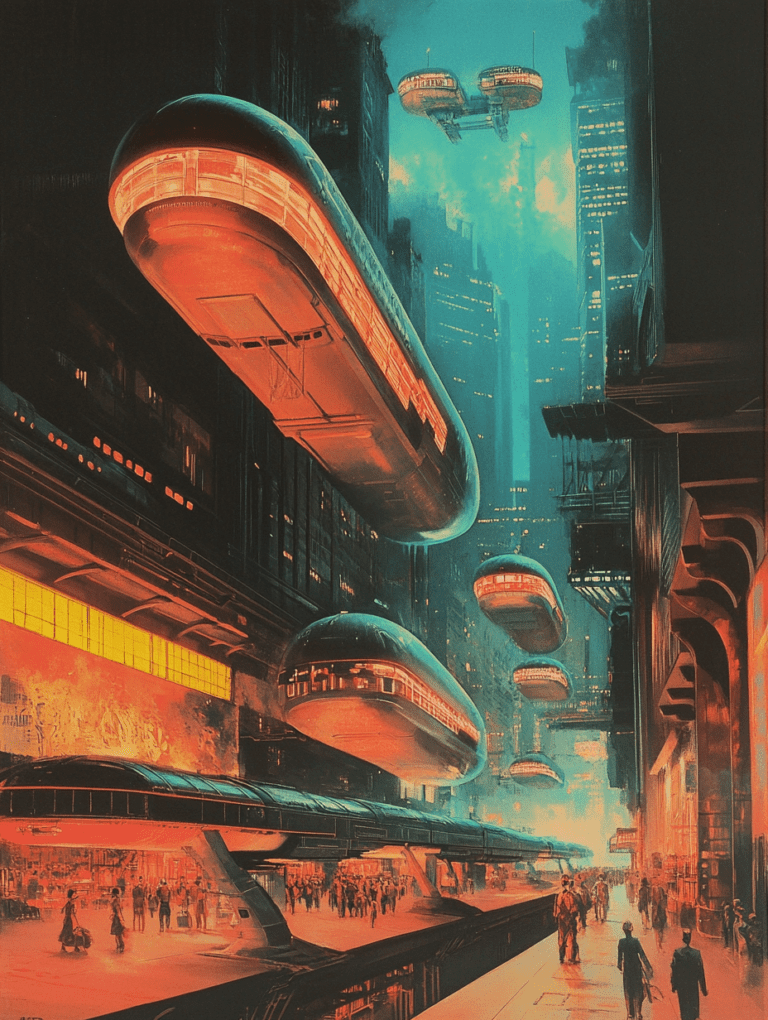 Futuristic Cityscape with Airborne Transit Pods and Neon Illuminated Skyscrapers at Dusk Synthwave Retrofuturism Retro Poster 18 x 24 Inch MineeForm Wall Art Poster