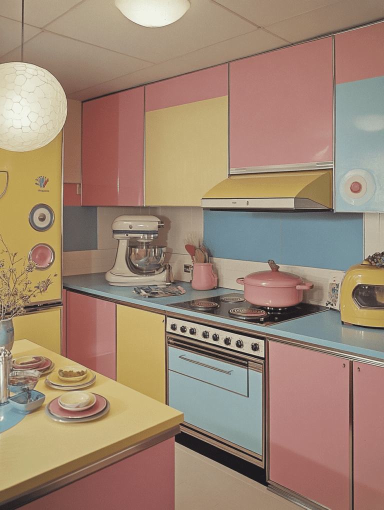 Bright and Playful Retro Kitchen with Pastel Pink and Yellow Accents and Vintage Appliances Synthwave Retrofuturism Retro Poster 18 x 24 Inch MineeForm Wall Art Poster