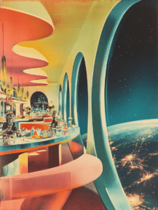 Futuristic Cosmic Lounge Overlooking Earth with Neon Curves and Astronaut Diners in a Vibrant Space Station Setting Synthwave Retrofuturism Retro Poster 18 x 24 Inch MineeForm Wall Art Poster