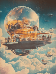 Futuristic Floating Spheres in a Cloudy Sky with Modern Architecture and People Socializing Under a Vibrant Starry Night Synthwave Retrofuturism Retro Poster 18 x 24 Inch MineeForm Wall Art Poster