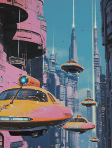 Flying Cars Soaring Among Majestic Skyscrapers in a Vibrant Neon Cityscape Synthwave Retrofuturism Retro Poster 18 x 24 Inch MineeForm Wall Art Poster