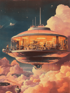 Futuristic Floating Restaurant Above the Clouds with Starry Night Sky and Spaceships in the Background Synthwave Retrofuturism Retro Poster 18 x 24 Inch MineeForm Wall Art Poster