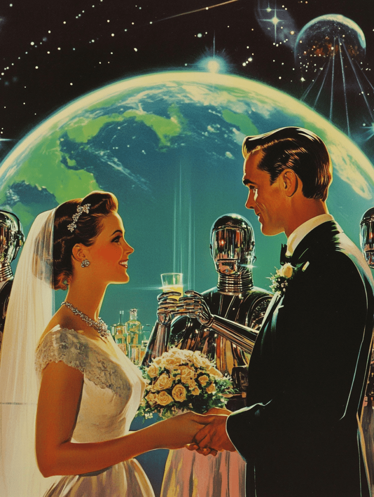 Bride and Groom Share Vows Beneath the Cosmic Sky with Robots Against the Backdrop of Earth and Stars Synthwave Retrofuturism Retro Poster 18 x 24 Inch MineeForm Wall Art Poster