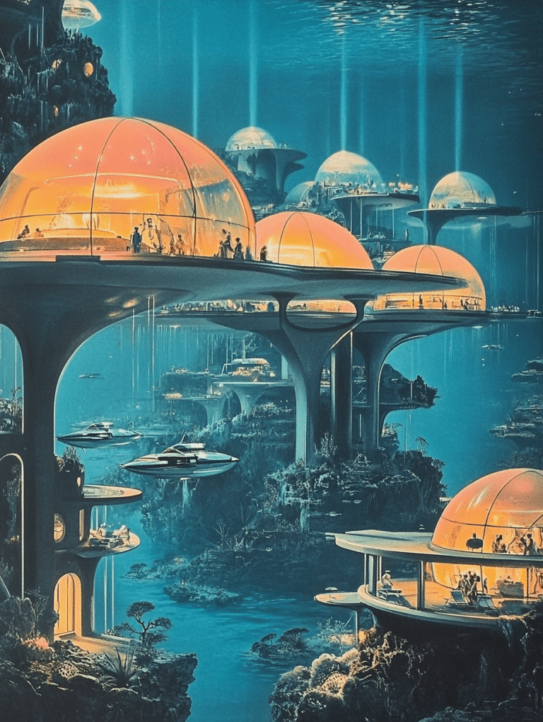 Futuristic Underwater Cityscape with Luminous Domes and Floating Platforms in a Blue Ocean Paradise Synthwave Retrofuturism Retro Poster 18 x 24 Inch MineeForm Wall Art Poster