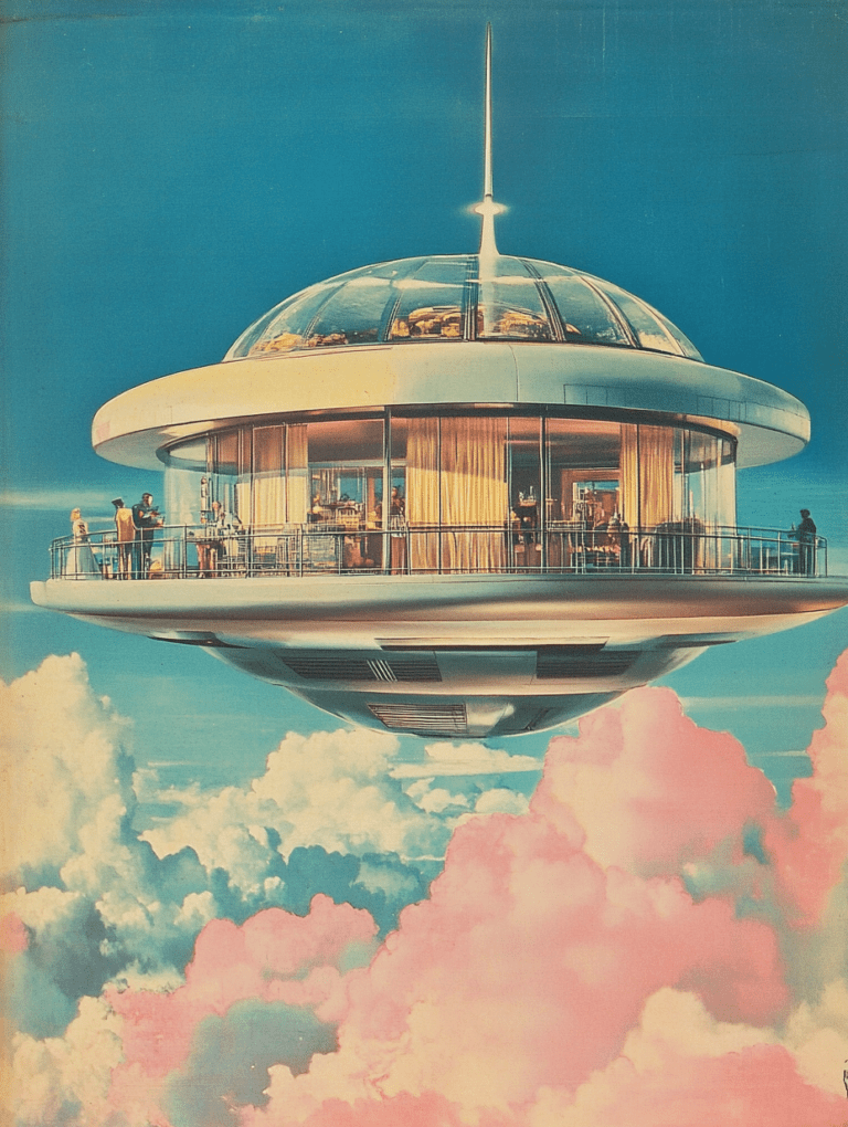 Floating Saucer Lounge Above Pink Cloudscapes Under a Clear Blue Sky Synthwave Retrofuturism Retro Poster 18 x 24 Inch MineeForm Wall Art Poster