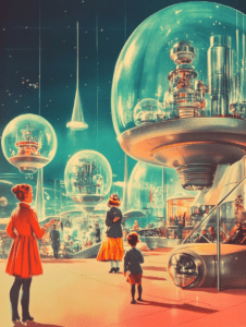 Futuristic Cityscape with Families Observing Illuminated Spherical Structures in a Retro Sci-Fi World Synthwave Retrofuturism Retro Poster 18 x 24 Inch MineeForm Wall Art Poster