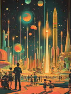 Spectators Gather in Awe at the Vibrant Cosmic Skyline of Rocket Launches and Futuristic Architecture Against a Stellar Backdrop Synthwave Retrofuturism Retro Poster 18 x 24 Inch MineeForm Wall Art Poster