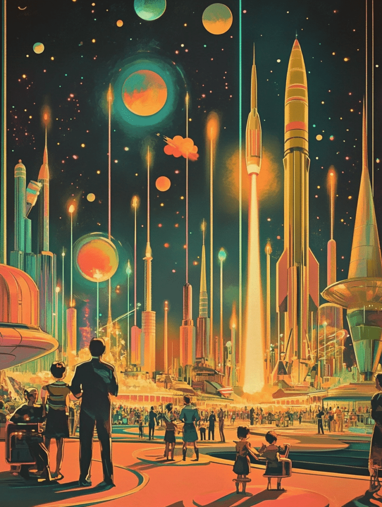 Spectators Gather in Awe at the Vibrant Cosmic Skyline of Rocket Launches and Futuristic Architecture Against a Stellar Backdrop Synthwave Retrofuturism Retro Poster 18 x 24 Inch MineeForm Wall Art Poster