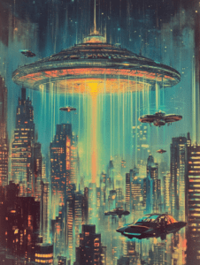 Futuristic City Skyline Illuminated by Hovering Spaceships and Vibrant Neon Lights Under a Starry Night Sky Synthwave Retrofuturism Retro Poster 18 x 24 Inch MineeForm Wall Art Poster