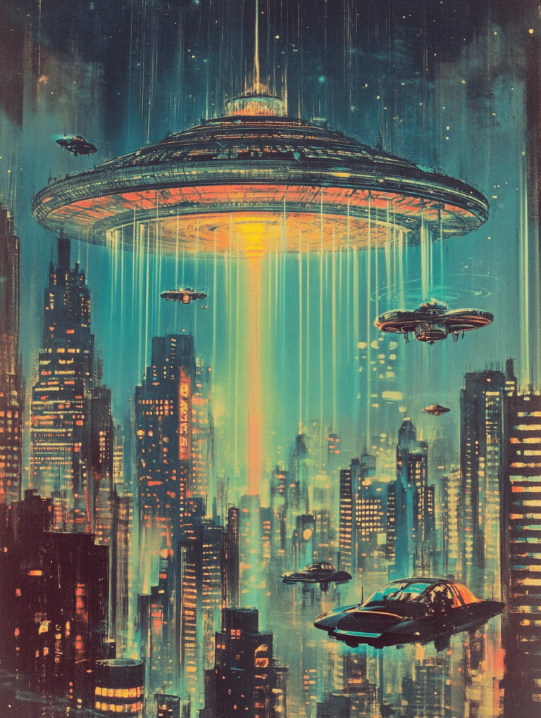 Futuristic City Skyline Illuminated by Hovering Spaceships and Vibrant Neon Lights Under a Starry Night Sky Synthwave Retrofuturism Retro Poster 18 x 24 Inch MineeForm Wall Art Poster