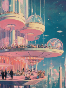 Vibrant Skyline Gathering on Futuristic Tower Platforms Amidst Glittering Nighttime Cityscape with Stars and Hovering Spacecraft Synthwave Retrofuturism Retro Poster 18 x 24 Inch MineeForm Wall Art Poster