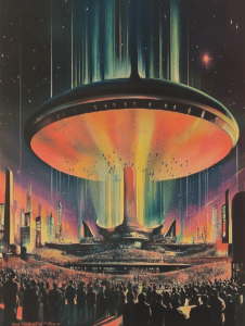 Illuminated Futuristic Metropolis Underneath a Gigantic Hovering Disc with a Crowd of People and a Skyline of Towering Structures in Vibrant Neon Shades Against a Starry Night Sky Synthwave Retrofuturism Retro Poster 18 x 24 Inch MineeForm Wall Art Poster