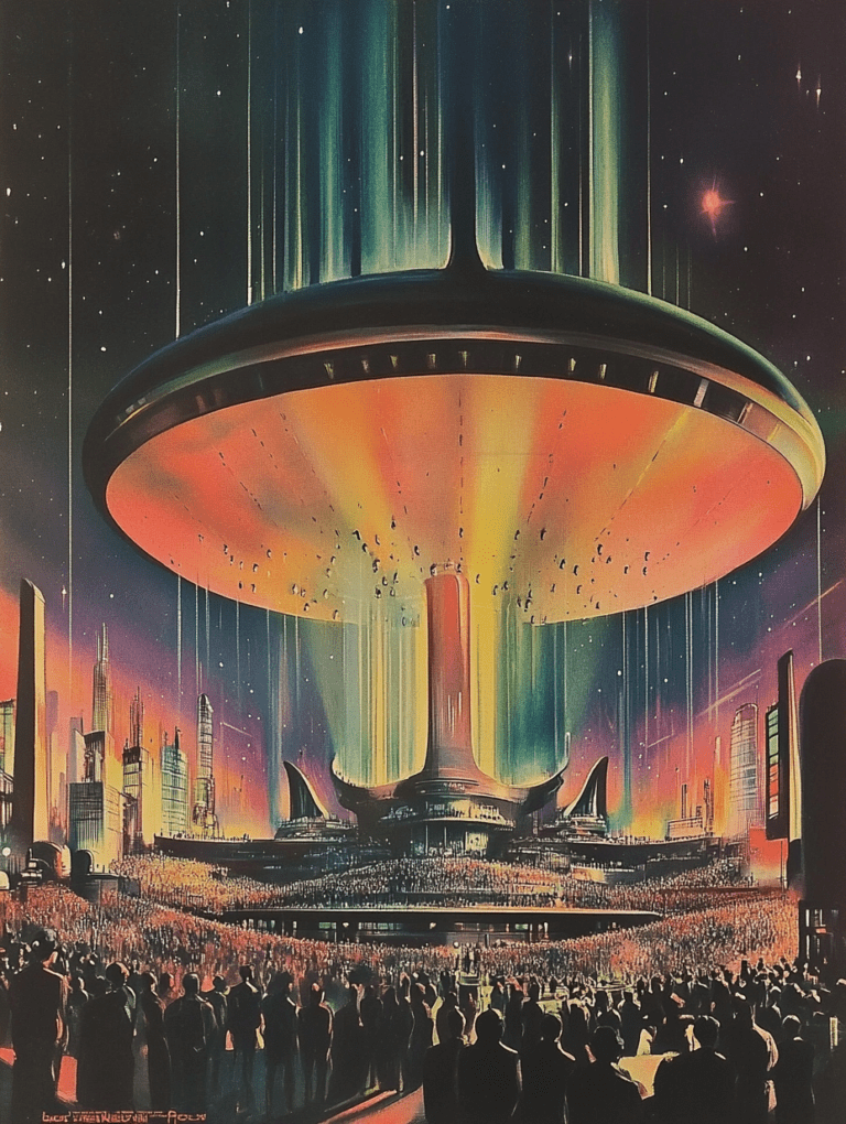 Illuminated Futuristic Metropolis Underneath a Gigantic Hovering Disc with a Crowd of People and a Skyline of Towering Structures in Vibrant Neon Shades Against a Starry Night Sky Synthwave Retrofuturism Retro Poster 18 x 24 Inch MineeForm Wall Art Poster