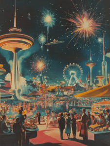 Vibrant Celebration in a Futuristic Cityscape with Fireworks and Festive Gatherings Synthwave Retrofuturism Retro Poster 18 x 24 Inch MineeForm Wall Art Poster