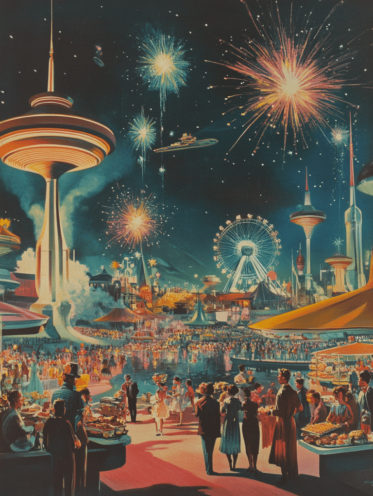 Vibrant Celebration in a Futuristic Cityscape with Fireworks and Festive Gatherings Synthwave Retrofuturism Retro Poster 18 x 24 Inch MineeForm Wall Art Poster