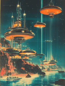 Futuristic Floating City Overlooking a Tranquil Ocean with Towering Illuminated Structures and Glowing Hovercraft Under a Starry Night Sky Synthwave Retrofuturism Retro Poster 18 x 24 Inch MineeForm Wall Art Poster