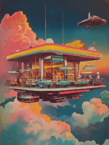 Floating Retro Diner Amidst Vibrant Neon Clouds with Hovering Cars and Distant Stars Synthwave Retrofuturism Retro Poster 18 x 24 Inch MineeForm Wall Art Poster