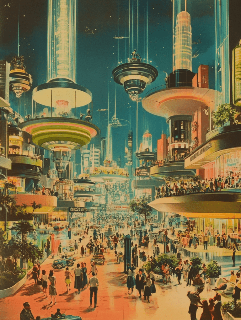 Vibrant Future Metropolis with Floating Platforms and Neon Lights Teeming with Elegant Crowds Amidst Towering Skyscrapers and Starry Night Sky Synthwave Retrofuturism Retro Poster 18 x 24 Inch MineeForm Wall Art Poster