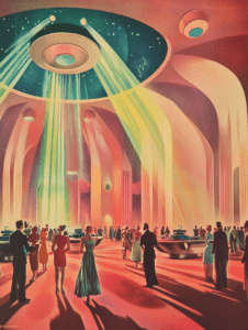 Elegant Gatherings Beneath a Cosmic Dome with Vibrant Beams of Light in a Retro Futuristic Celebration Hall Synthwave Retrofuturism Retro Poster 18 x 24 Inch MineeForm Wall Art Poster