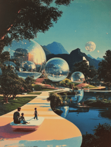 Futuristic Family Stroll Through a Tranquil Park with Floating Spheres and Reflective Water Under a Starry Sky Synthwave Retrofuturism Retro Poster 18 x 24 Inch MineeForm Wall Art Poster