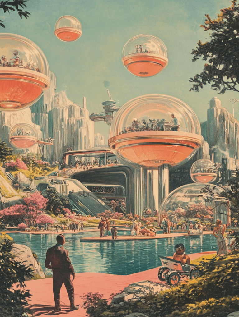 Futuristic Park with Floating Glass Domes Amidst Lush Greenery and Water Features in a Vibrant Stone Valley Synthwave Retrofuturism Retro Poster 18 x 24 Inch MineeForm Wall Art Poster