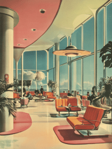 Futuristic Lounge with Vibrant Mid Century Furniture and Floor to Ceiling Windows Overlooking a Distant City Skyline and Lush Indoor Plants Synthwave Retrofuturism Retro Poster 18 x 24 Inch MineeForm Wall Art Poster