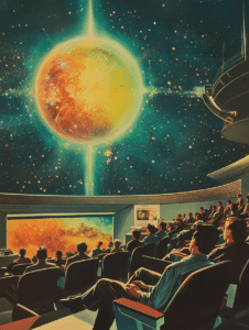 Enthralled Audience in a Cosmic Observatory Gazing at a Radiant Celestial Phenomenon on a Futuristic Projection Screen Amidst a Star-Studded Galactic Vista Synthwave Retrofuturism Retro Poster 18 x 24 Inch MineeForm Wall Art Poster