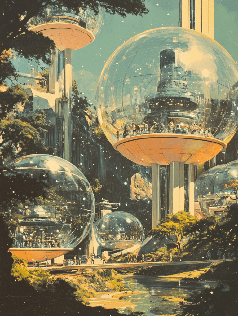 Futuristic Forest City with Suspended Glass Spheres and Sparkling Night Sky Synthwave Retrofuturism Retro Poster 18 x 24 Inch MineeForm Wall Art Poster