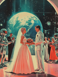 Ethereal Wedding Ceremony in Space with Earth as a Glowing Backdrop Surrounded by Elegant Guests and Futuristic Robot Attendants Synthwave Retrofuturism Retro Poster 18 x 24 Inch MineeForm Wall Art Poster