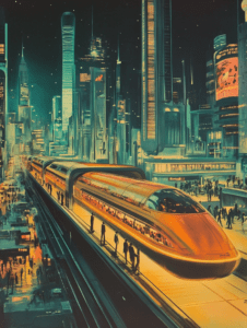 Futuristic Cityscape with Neon Lit Transparent Bullet Train and Towering Skyscrapers Illuminated Against Night Sky Synthwave Retrofuturism Retro Poster 18 x 24 Inch MineeForm Wall Art Poster