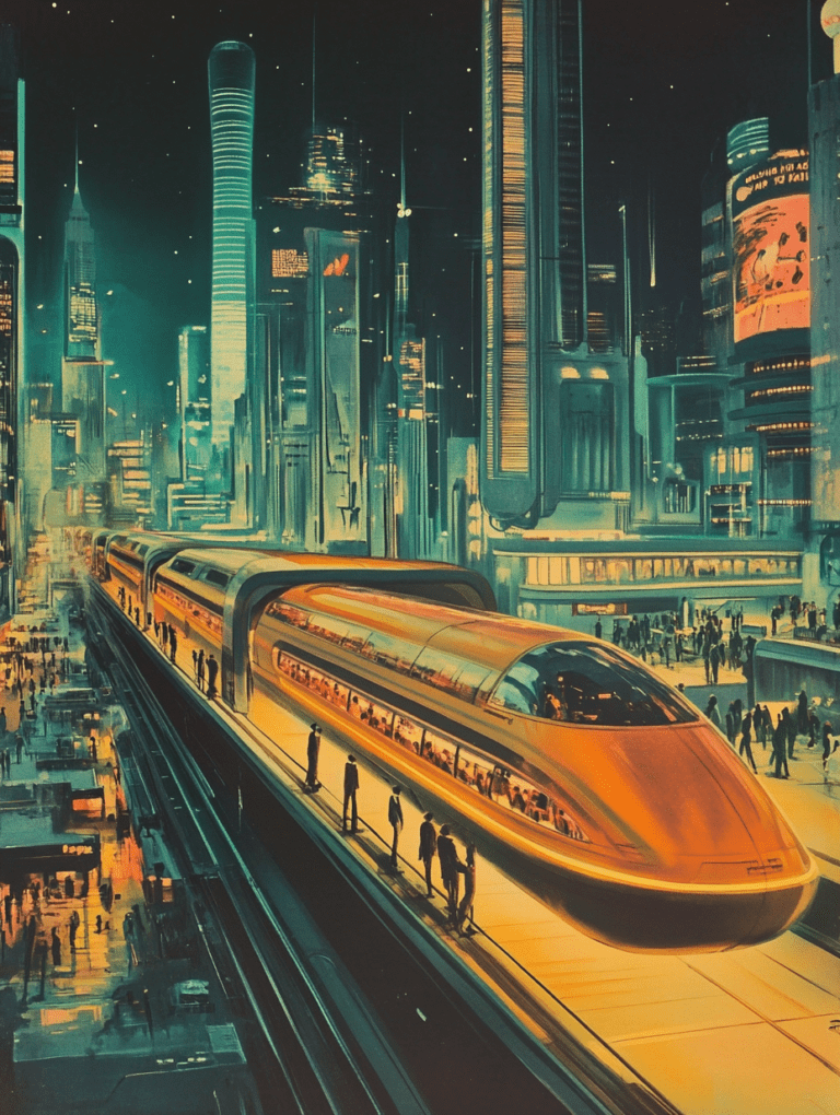 Futuristic Cityscape with Neon Lit Transparent Bullet Train and Towering Skyscrapers Illuminated Against Night Sky Synthwave Retrofuturism Retro Poster 18 x 24 Inch MineeForm Wall Art Poster