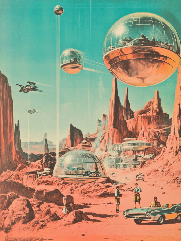 Futuristic Desert Landscape with Spherical Domes and Hovering Vehicles Amidst Rugged Rock Formations and People in Modern Attire Engaging Near a Classic Convertible Synthwave Retrofuturism Retro Poster 18 x 24 Inch MineeForm Wall Art Poster