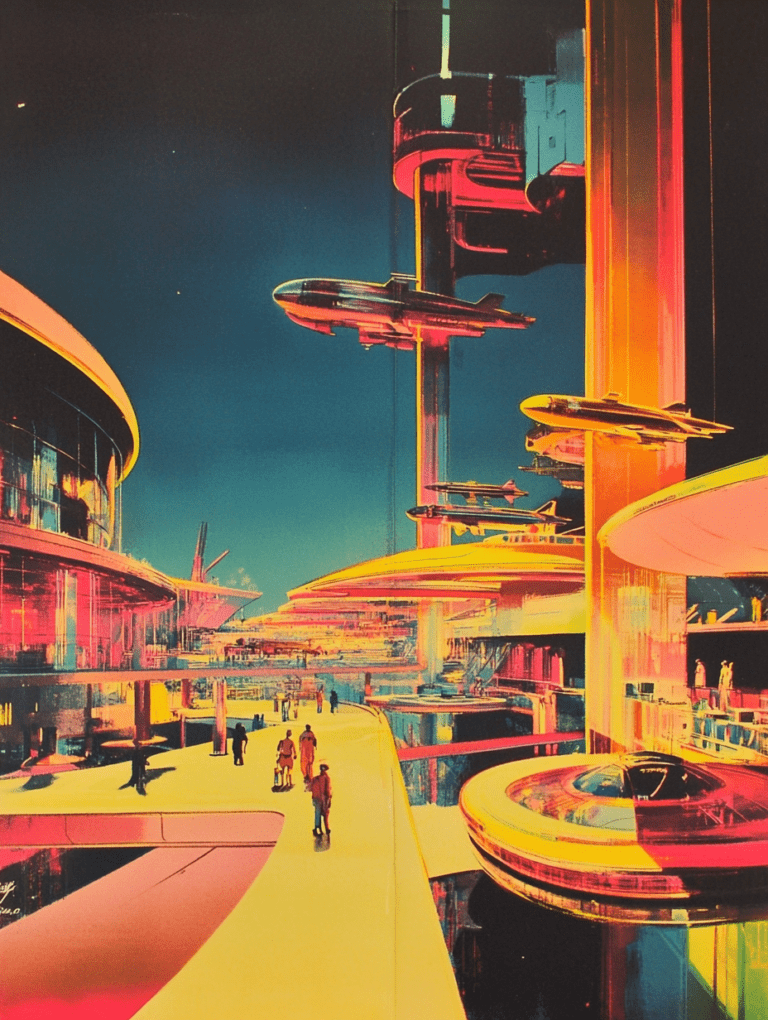 Vibrant Neon Cityscape of Elevated Walkways and Futuristic Flying Vehicles Against a Starry Night Sky Synthwave Retrofuturism Retro Poster 18 x 24 Inch MineeForm Wall Art Poster