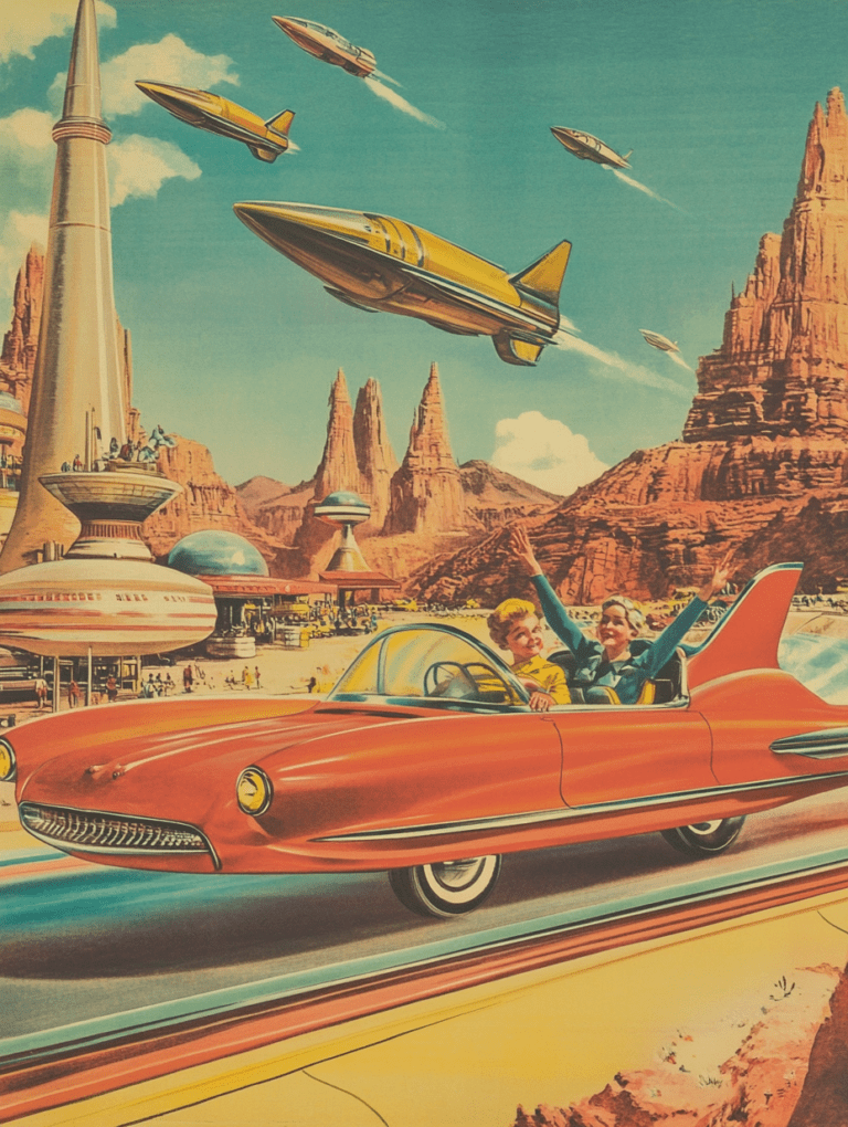 Vibrant Retro Futuristic Landscape with Flying Saucer Cars and Rocket Ships Against Majestic Rocky Spires and Towering City Structures Synthwave Retrofuturism Retro Poster 18 x 24 Inch MineeForm Wall Art Poster