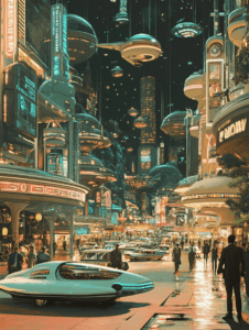 Bustling Neon Metropolis with Futuristic Vehicles and Floating Structures Illuminated by Vibrant Lights in a Nighttime Cityscape Synthwave Retrofuturism Retro Poster 18 x 24 Inch MineeForm Wall Art Poster