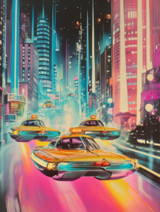 Futuristic Neon Cityscape with Hovering Yellow Taxis Amidst Tall Skyscrapers and Vibrant Light Trails Synthwave Retrofuturism Retro Poster 18 x 24 Inch MineeForm Wall Art Poster