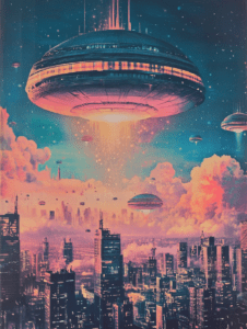 Futuristic Cityscape with Hovering Spaceships and Neon Clouds in a Vibrant Synthwave Night Sky Synthwave Retrofuturism Retro Poster 18 x 24 Inch MineeForm Wall Art Poster